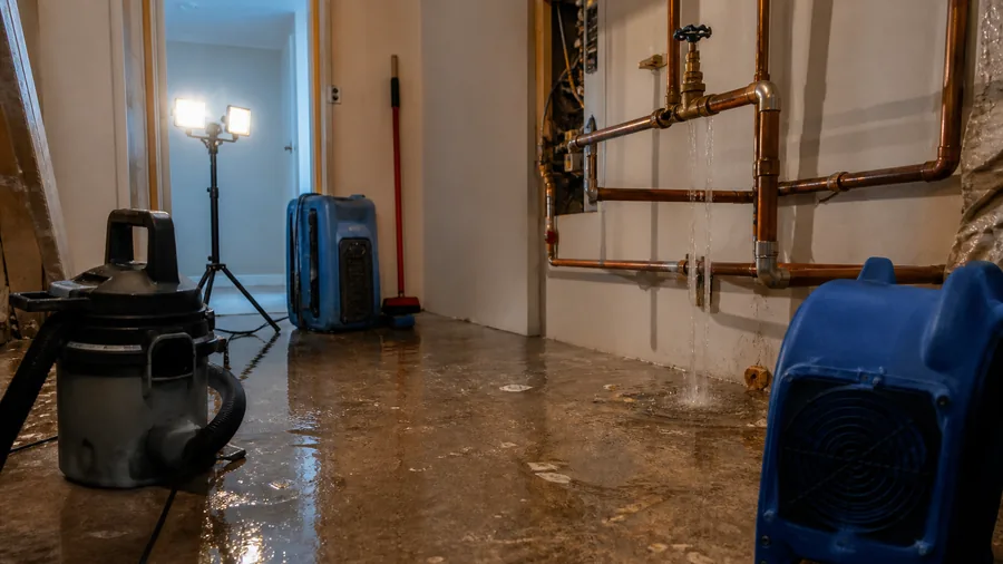 Utility-room plumbing water-loss scene with a shutoff valve and recovery equipment