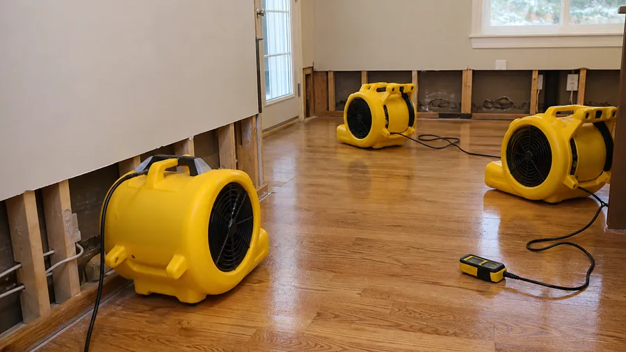 Air movers and a moisture meter supporting controlled lower-wall drying