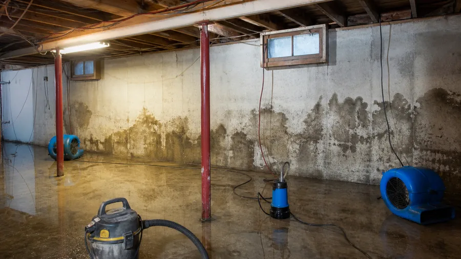 Water-extraction equipment in a shallow flooded basement