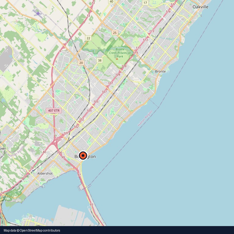 Map centered on Burlington, Ontario, Canada