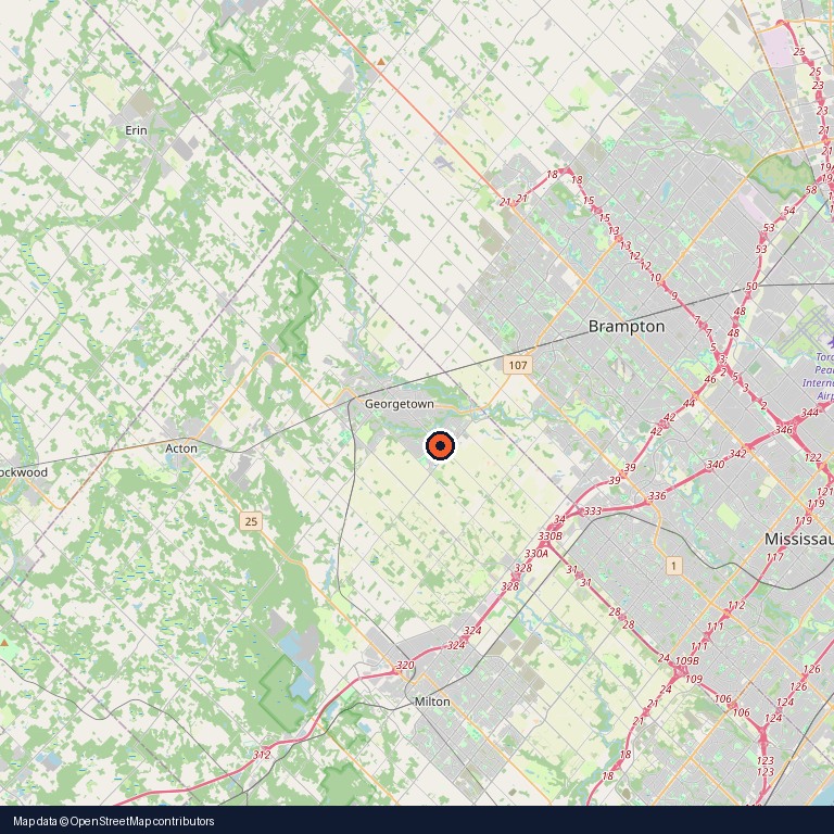 Map centered on Halton Hills, Ontario, Canada