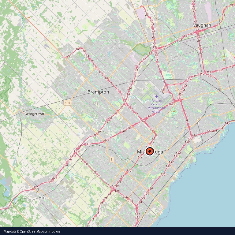 Map centered on Mississauga, Ontario, Canada