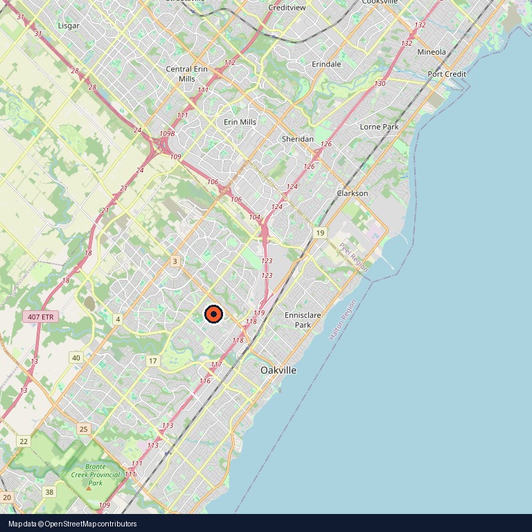 Map centered on Oakville, Ontario, Canada